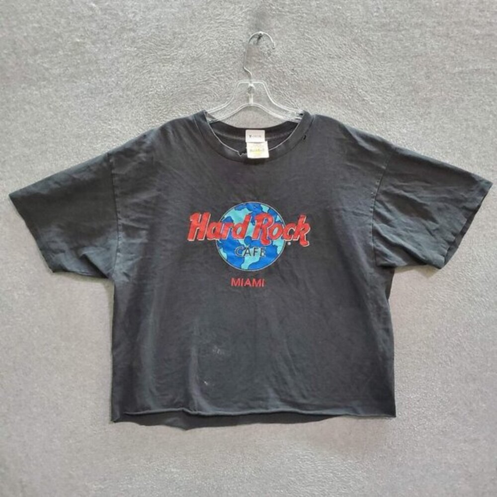 VINTAGE Hard Rock Cafe Women Shirt XL Black Cropped Logo Miami USA Tee